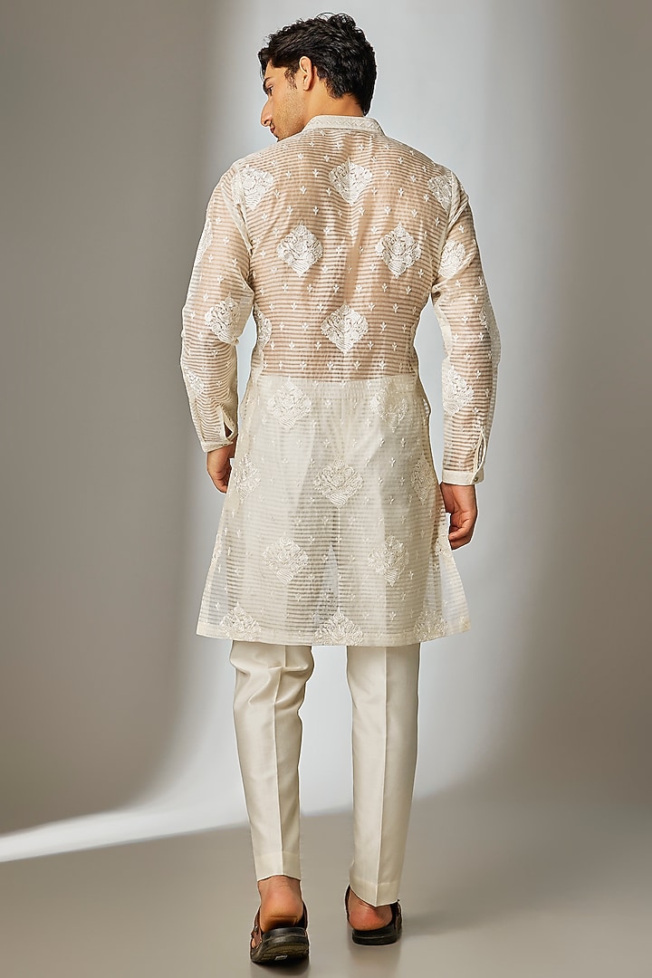 Ivory Chanderi Threadwork Sheer Kurta Set by SALIL BHATIA at Pernia's Pop Up Shop