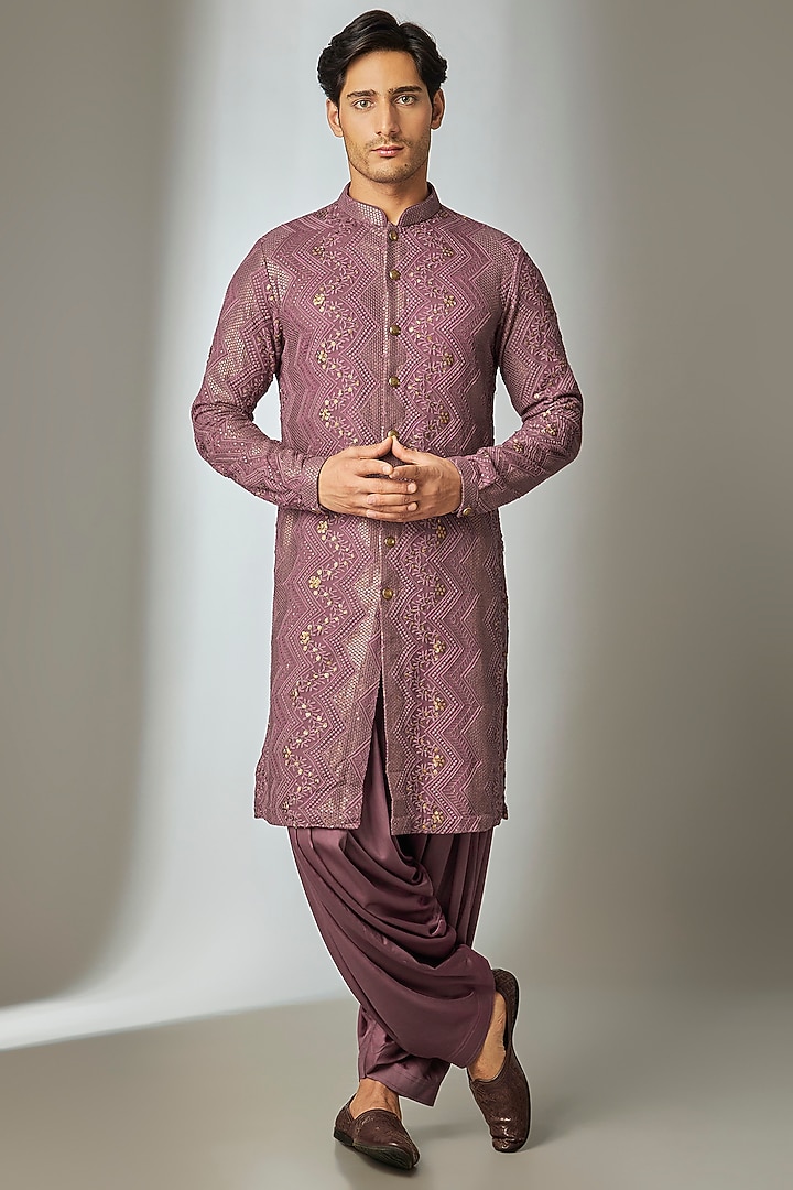 Mulberry Mauve Georgette Thread Embellished Kurta Set by SALIL BHATIA at Pernia's Pop Up Shop