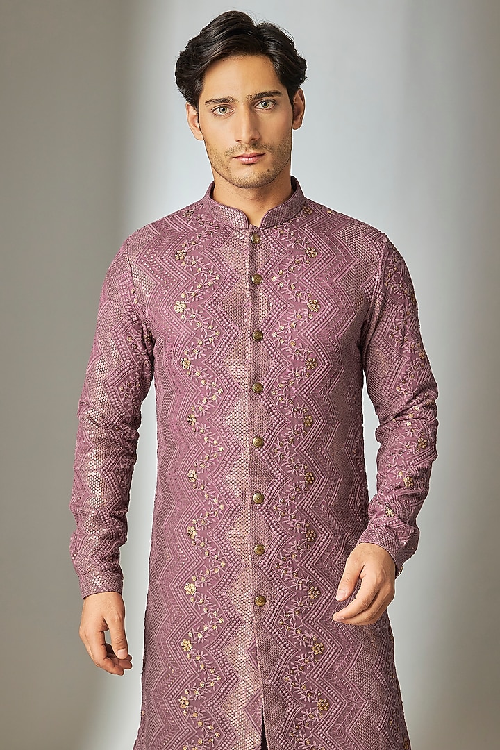 Mulberry Mauve Georgette Thread Embellished Kurta Set by SALIL BHATIA at Pernia's Pop Up Shop