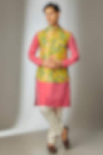 Multi-Colored Poly Silk Printed & Mirror Work Nehru Jacket Set by SALIL BHATIA at Pernia's Pop Up Shop