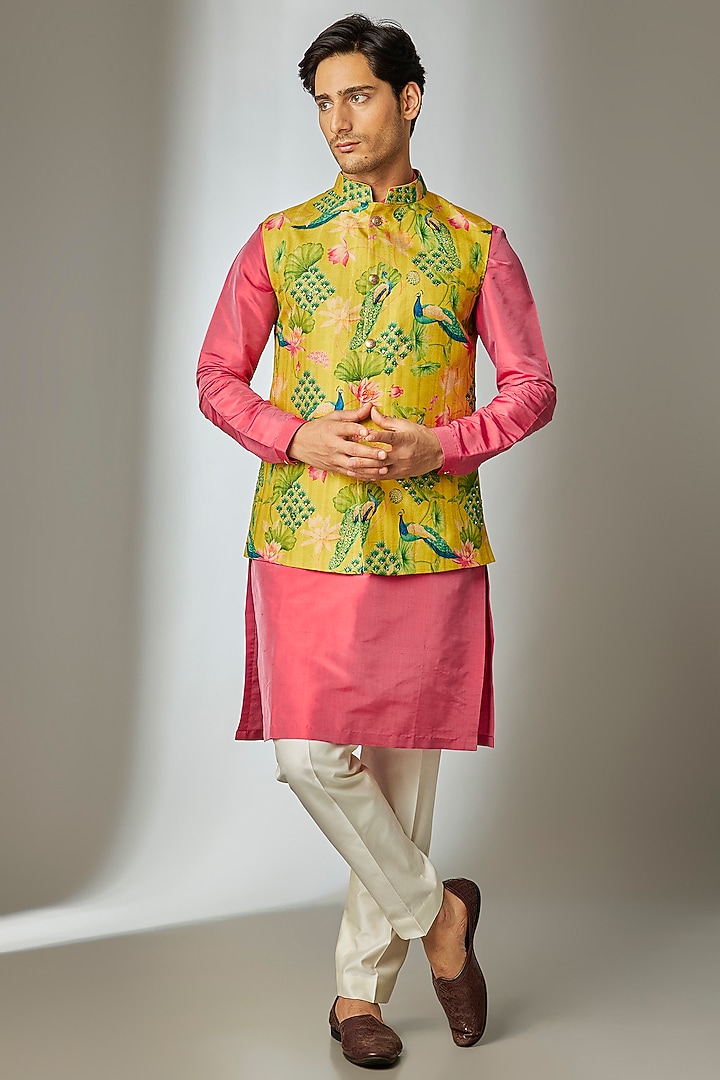 Multi-Colored Poly Silk Printed & Mirror Work Nehru Jacket Set by SALIL BHATIA at Pernia's Pop Up Shop
