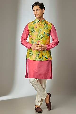 Multi-Colored Poly Silk Printed & Mirror Work Nehru Jacket Set by SALIL BHATIA