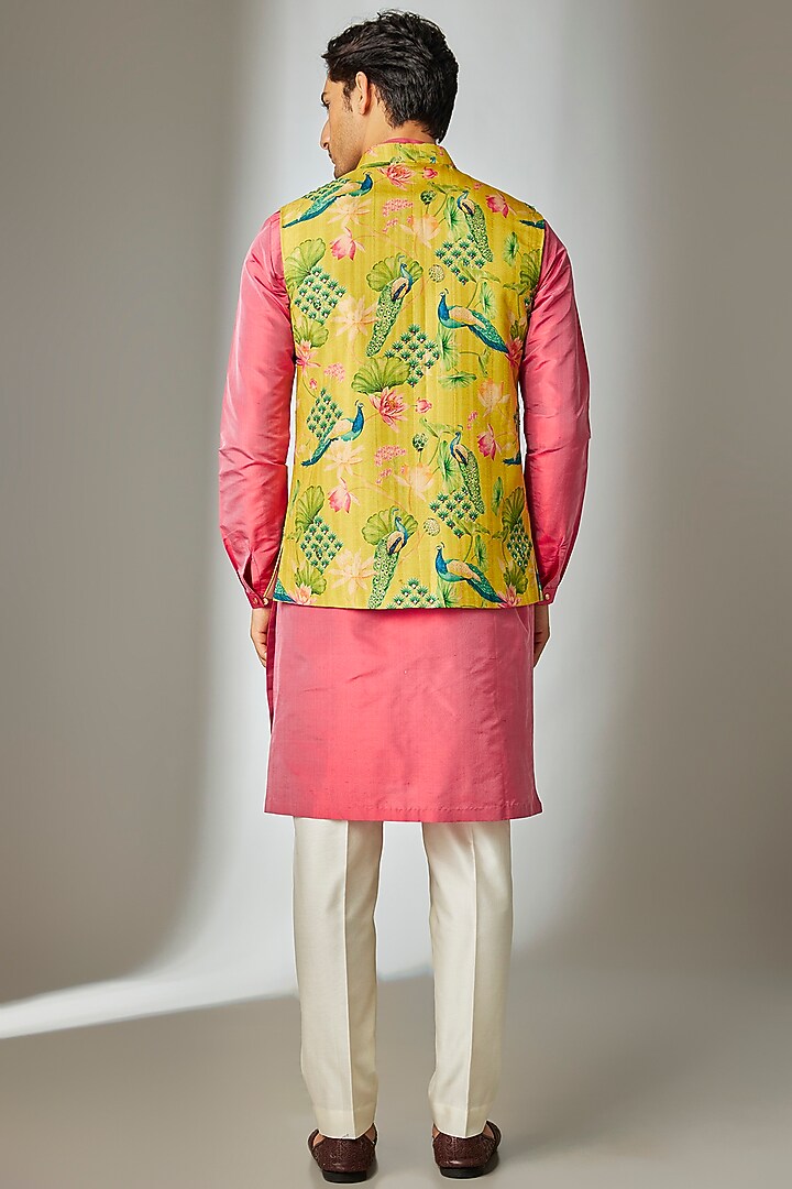 Multi-Colored Poly Silk Printed & Mirror Work Nehru Jacket Set by SALIL BHATIA at Pernia's Pop Up Shop