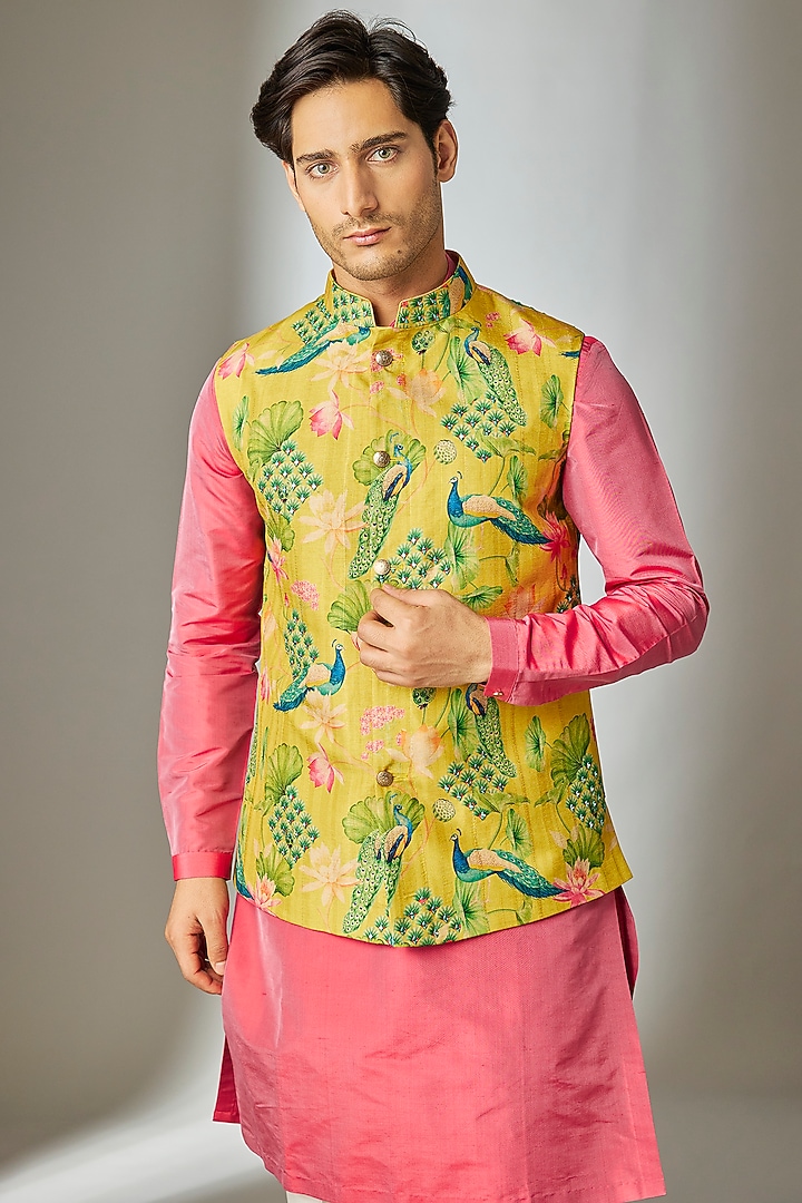 Multi-Colored Poly Silk Printed & Mirror Work Nehru Jacket Set by SALIL BHATIA at Pernia's Pop Up Shop