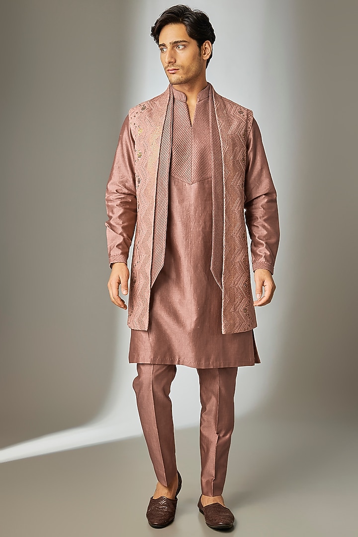 Dusty Pink Georgette Thread Embellished Long Jacket Set by SALIL BHATIA at Pernia's Pop Up Shop