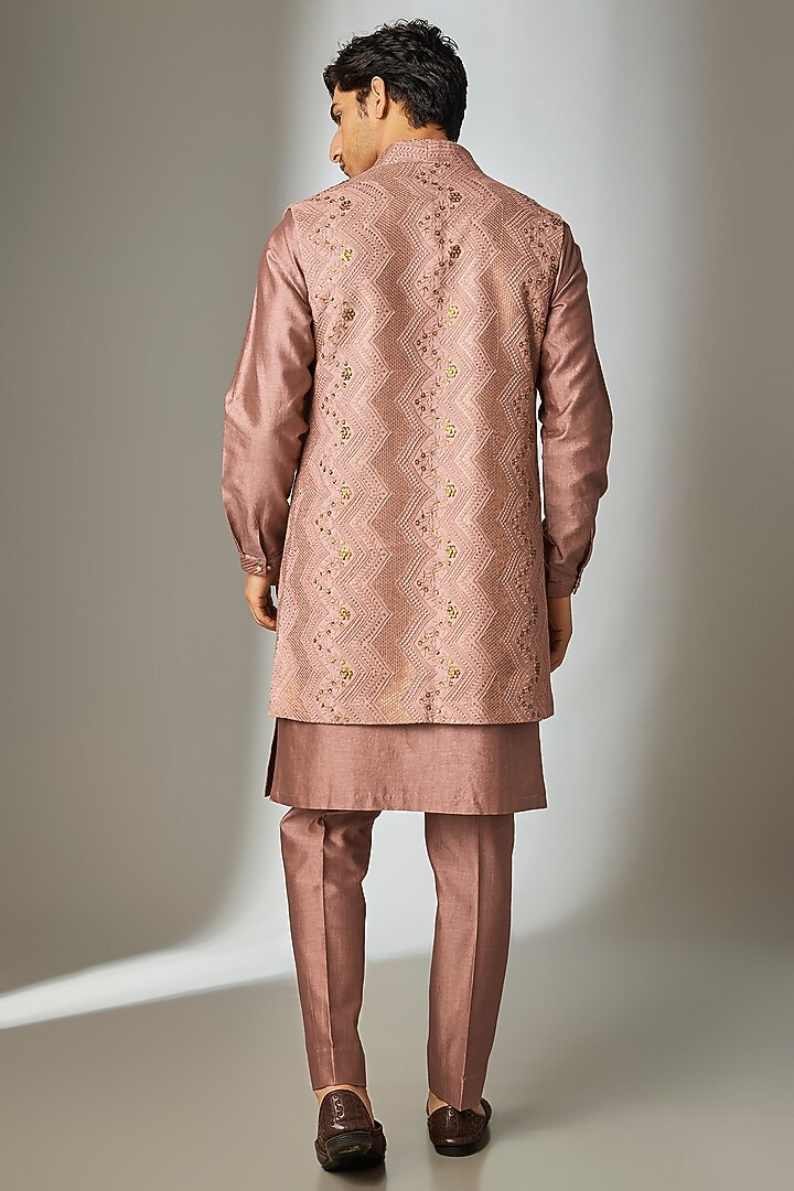 Dusty Pink Georgette Thread Embellished Long Jacket Set by SALIL BHATIA at Pernia's Pop Up Shop
