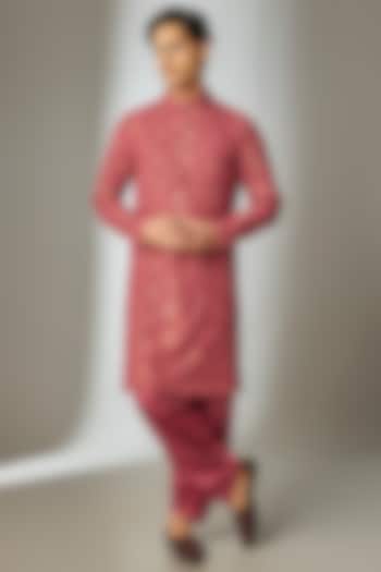 Raspberry Red Georgette Thread Embellished Kurta Set by SALIL BHATIA at Pernia's Pop Up Shop