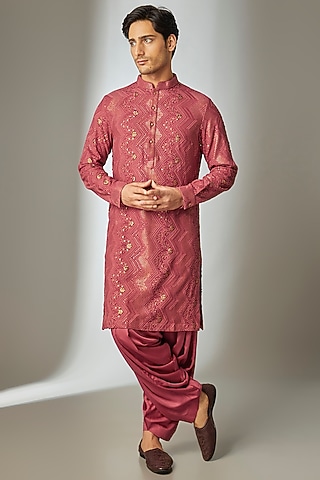 Raspberry Red Georgette Thread Embellished Kurta Set by SALIL BHATIA