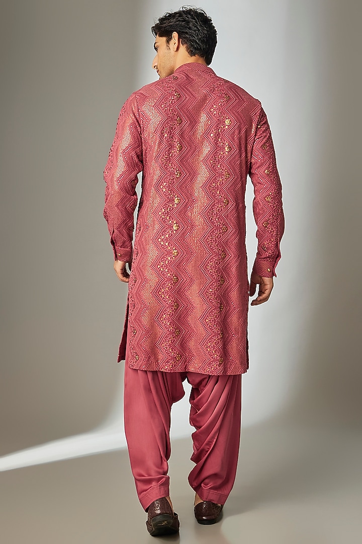 Raspberry Red Georgette Thread Embellished Kurta Set by SALIL BHATIA at Pernia's Pop Up Shop