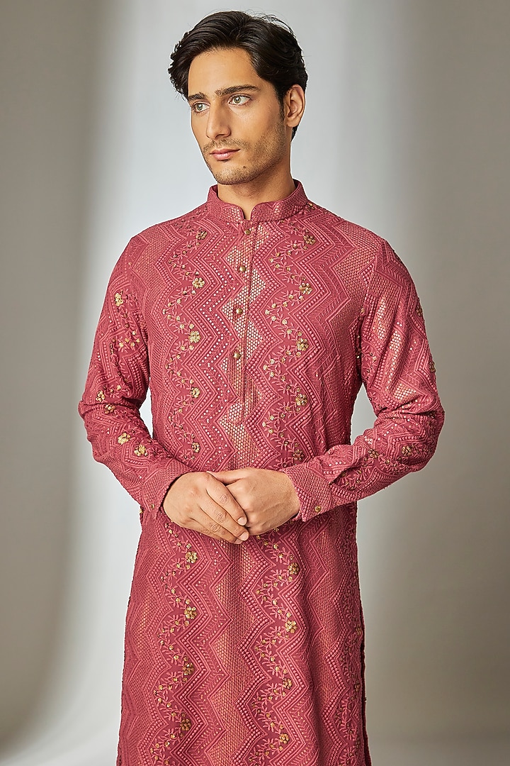Raspberry Red Georgette Thread Embellished Kurta Set by SALIL BHATIA at Pernia's Pop Up Shop