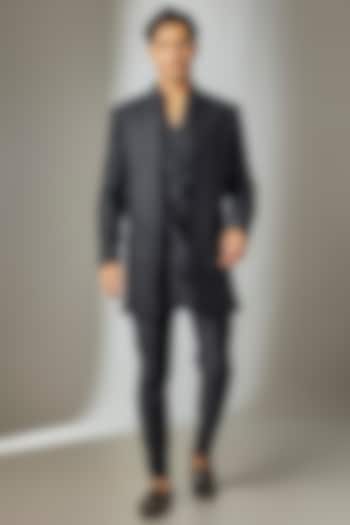 Dark Blue Dola Silk Thread Embellished Groom Indowestern Set by SALIL BHATIA at Pernia's Pop Up Shop