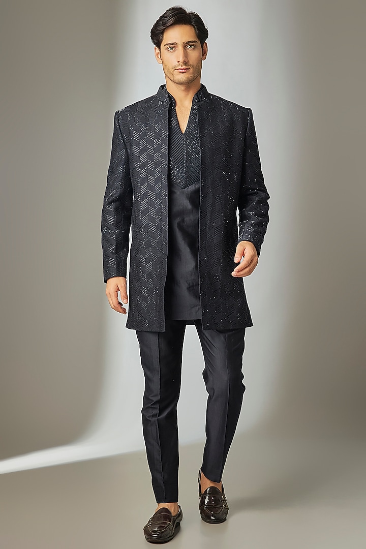 Dark Blue Dola Silk Thread Embellished Groom Indowestern Set by SALIL BHATIA at Pernia's Pop Up Shop