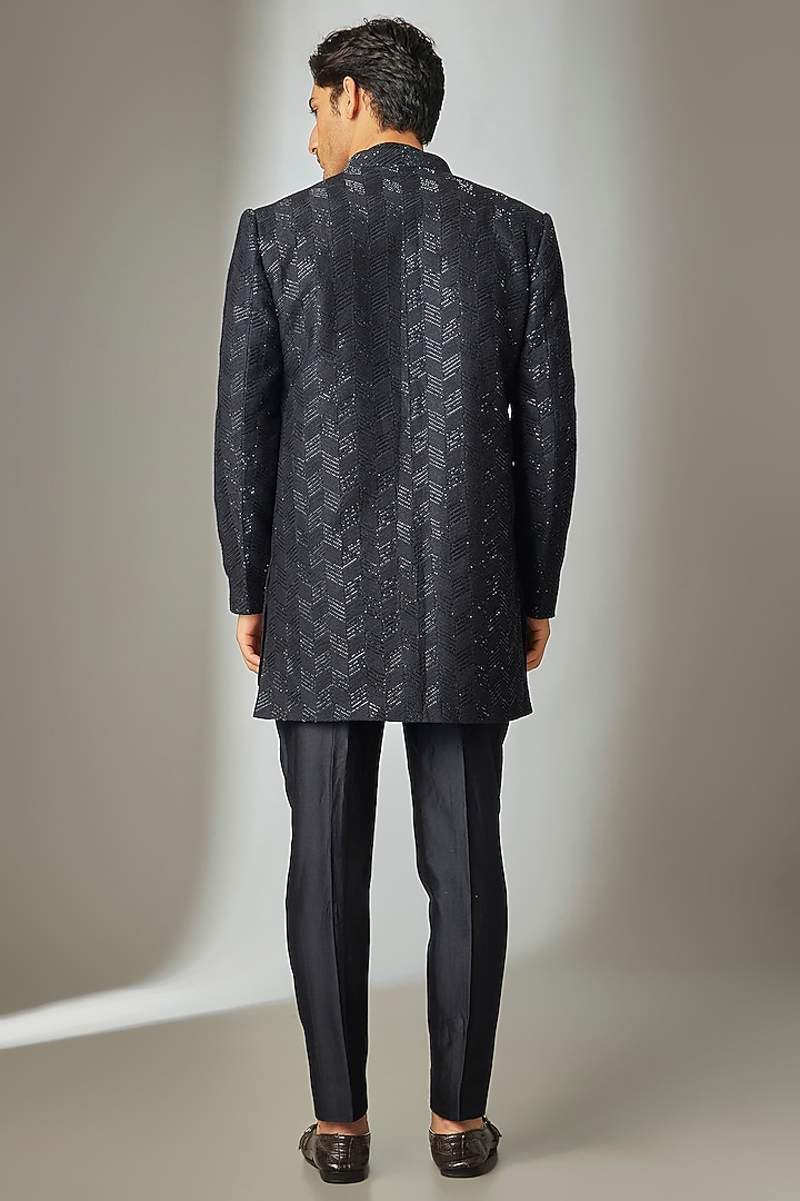 Dark Blue Dola Silk Thread Embellished Groom Indowestern Set by SALIL BHATIA at Pernia's Pop Up Shop