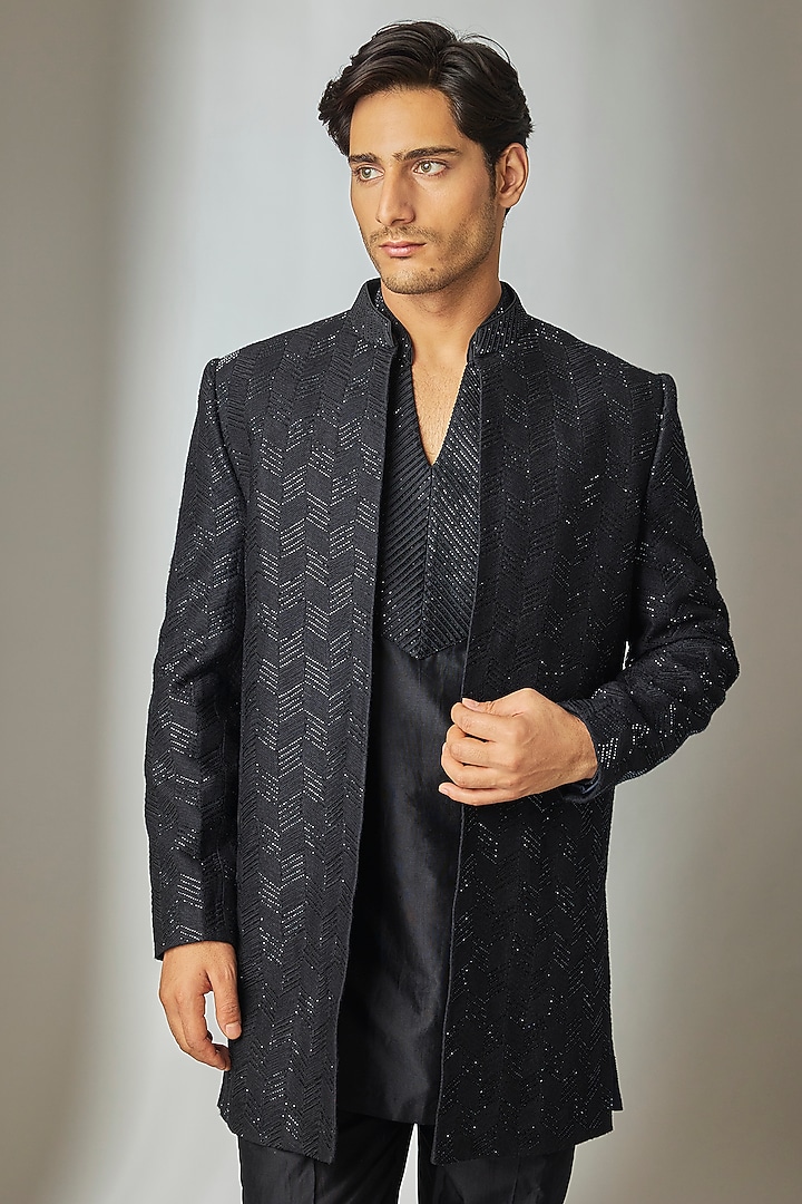 Dark Blue Dola Silk Thread Embellished Groom Indowestern Set by SALIL BHATIA at Pernia's Pop Up Shop
