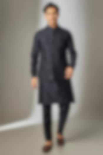 Dark Blue Dola Silk Zari Embellished Nehru Jacket Set by SALIL BHATIA at Pernia's Pop Up Shop