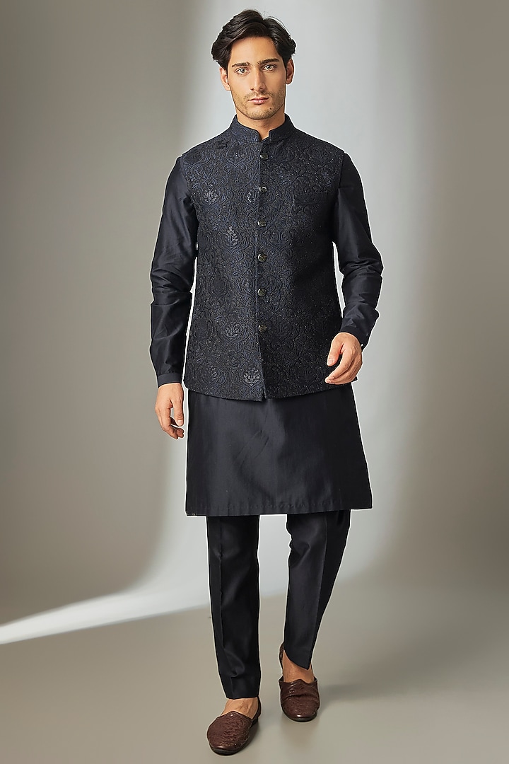 Dark Blue Dola Silk Zari Embellished Nehru Jacket Set by SALIL BHATIA at Pernia's Pop Up Shop