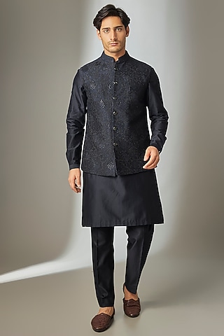 Dark Blue Dola Silk Zari Embellished Nehru Jacket Set by SALIL BHATIA