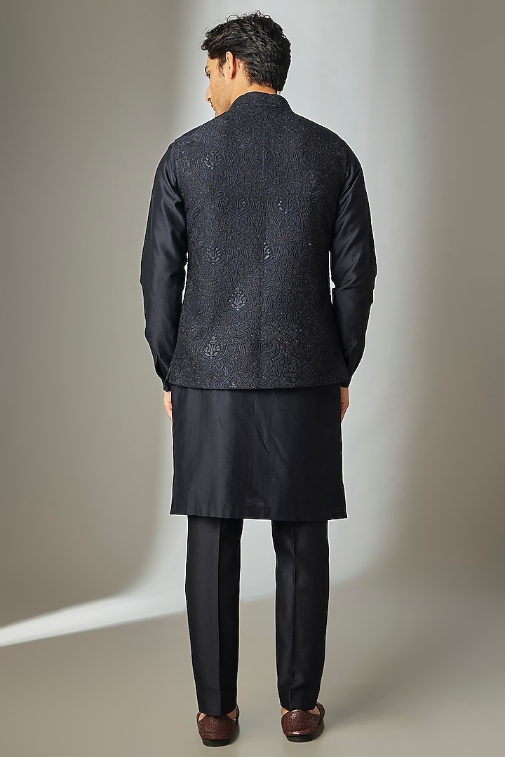 Dark Blue Dola Silk Zari Embellished Nehru Jacket Set by SALIL BHATIA at Pernia's Pop Up Shop