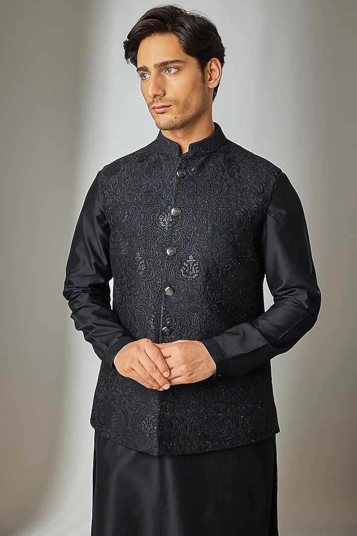 Dark Blue Dola Silk Zari Embellished Nehru Jacket Set by SALIL BHATIA at Pernia's Pop Up Shop