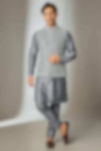 Charcoal Grey Raw Silk Hand Embroidered Nehru Jacket Set by SALIL BHATIA at Pernia's Pop Up Shop