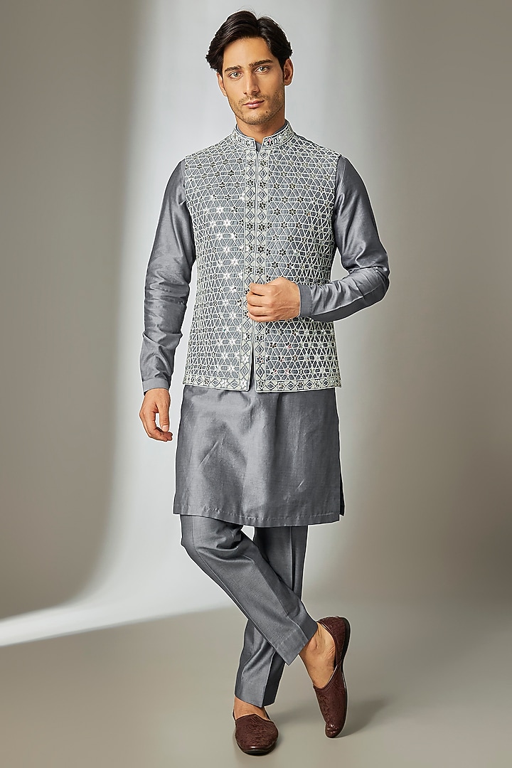 Charcoal Grey Raw Silk Hand Embroidered Nehru Jacket Set by SALIL BHATIA at Pernia's Pop Up Shop
