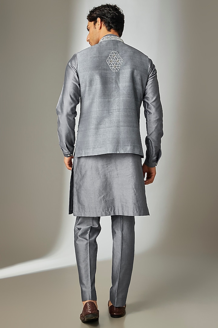 Charcoal Grey Raw Silk Hand Embroidered Nehru Jacket Set by SALIL BHATIA at Pernia's Pop Up Shop