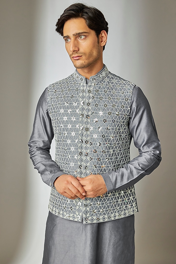 Charcoal Grey Raw Silk Hand Embroidered Nehru Jacket Set by SALIL BHATIA at Pernia's Pop Up Shop
