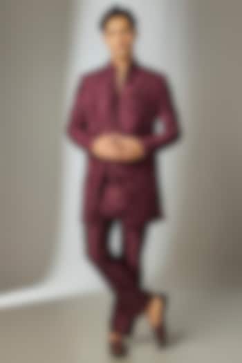 Wine Dola Silk Thread Embellished Open-Wedding Indowestern Set by SALIL BHATIA at Pernia's Pop Up Shop