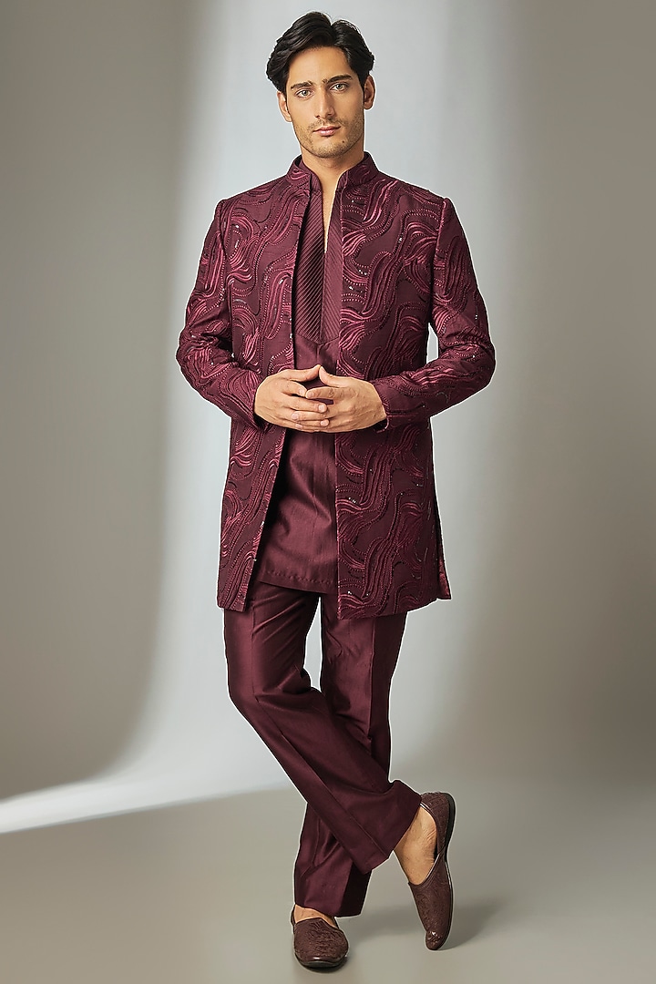 Wine Dola Silk Thread Embellished Open-Wedding Indowestern Set by SALIL BHATIA at Pernia's Pop Up Shop