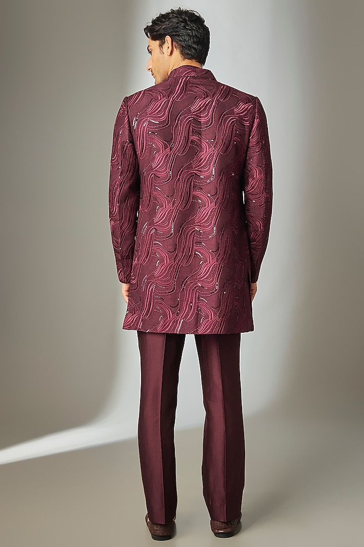 Wine Dola Silk Thread Embellished Open-Wedding Indowestern Set by SALIL BHATIA at Pernia's Pop Up Shop