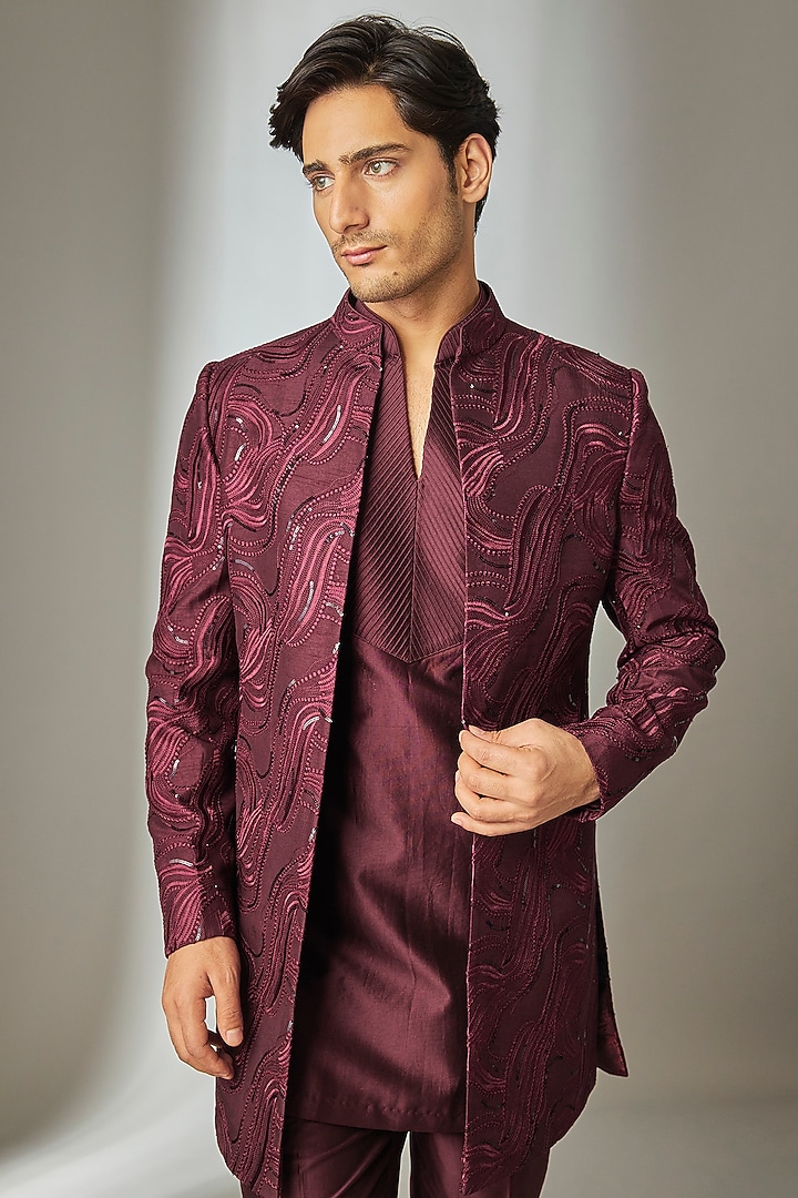 Wine Dola Silk Thread Embellished Open-Wedding Indowestern Set by SALIL BHATIA at Pernia's Pop Up Shop