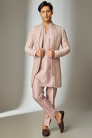 Dusty Pink Silk Chanderi Sequin Embellished Indowestern Set by SALIL BHATIA