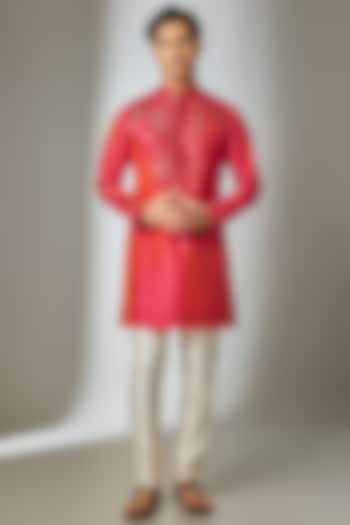 Red Silk Thread Embroidered Kurta Set by SALIL BHATIA at Pernia's Pop Up Shop