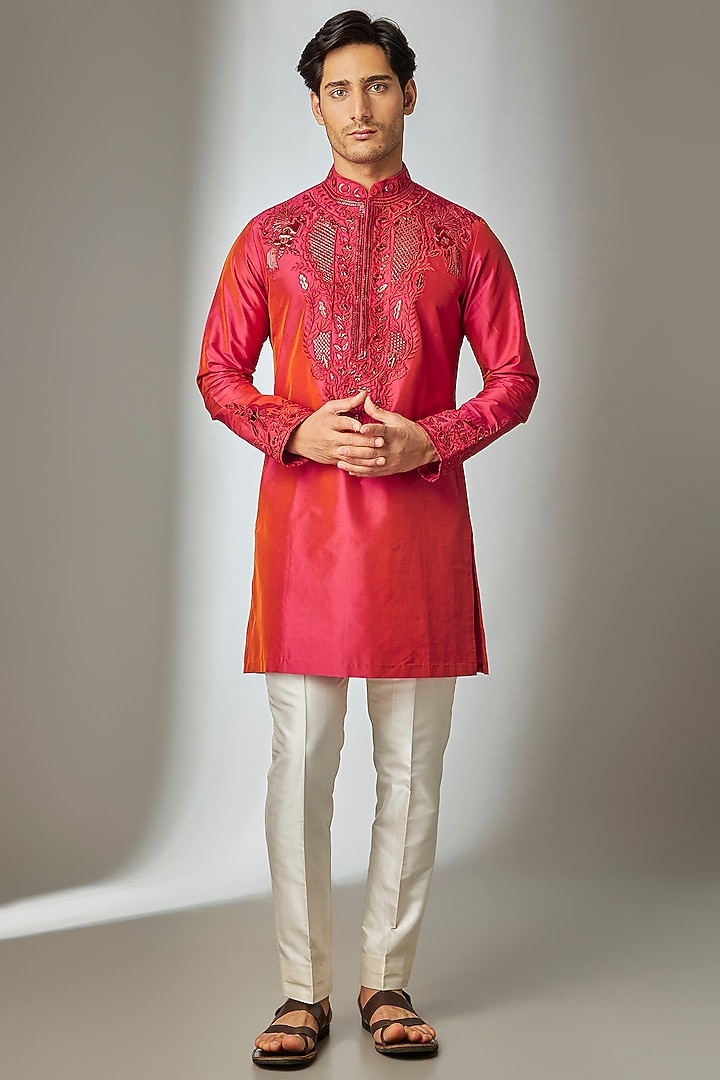 Red Silk Thread Embroidered Kurta Set by SALIL BHATIA at Pernia's Pop Up Shop