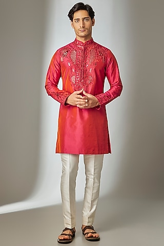 Red Silk Thread Embroidered Kurta Set by SALIL BHATIA