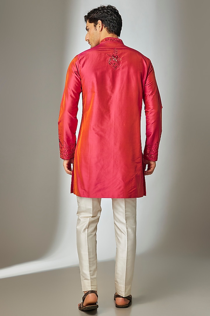 Red Silk Thread Embroidered Kurta Set by SALIL BHATIA at Pernia's Pop Up Shop