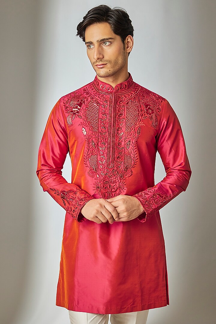 Red Silk Thread Embroidered Kurta Set by SALIL BHATIA at Pernia's Pop Up Shop