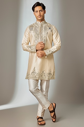 Beige Silk Zari Embroidered Kurta Set by SALIL BHATIA