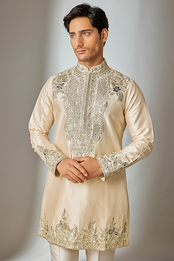 Beige Silk Zari Embroidered Kurta Set by SALIL BHATIA at Pernia's Pop Up Shop