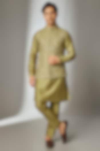 Green Silk Chanderi Thread Embellished Nehru Jacket Set by SALIL BHATIA at Pernia's Pop Up Shop