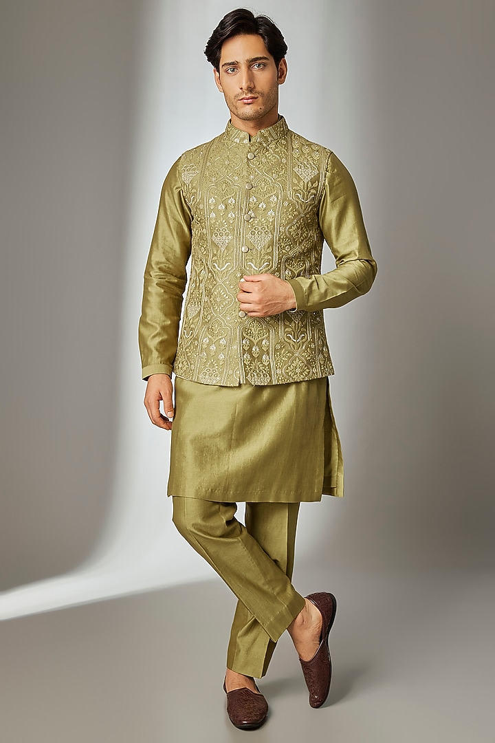 Green Silk Chanderi Thread Embellished Nehru Jacket Set by SALIL BHATIA at Pernia's Pop Up Shop