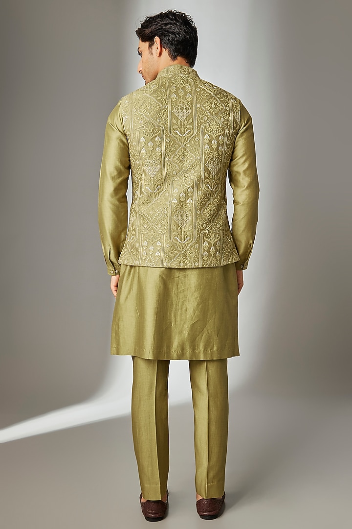 Green Silk Chanderi Thread Embellished Nehru Jacket Set by SALIL BHATIA at Pernia's Pop Up Shop