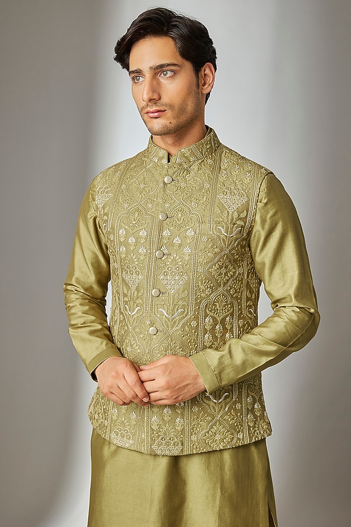 Green Silk Chanderi Thread Embellished Nehru Jacket Set by SALIL BHATIA at Pernia's Pop Up Shop