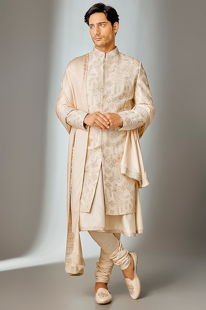 Ivory Dola Silk Zari Embellished Groom Sherwani Set by SALIL BHATIA at Pernia's Pop Up Shop