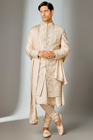Ivory Dola Silk Zari Embellished Sherwani Set by SALIL BHATIA