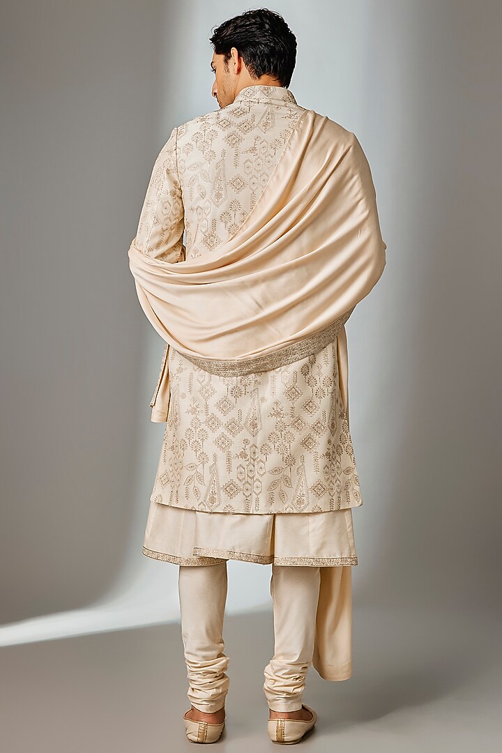 Ivory Dola Silk Zari Embellished Groom Sherwani Set by SALIL BHATIA at Pernia's Pop Up Shop