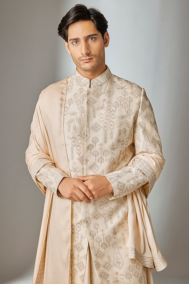 Ivory Dola Silk Zari Embellished Groom Sherwani Set by SALIL BHATIA at Pernia's Pop Up Shop
