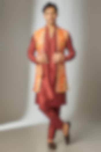 Rust Art Silk Printed & Mirror Work Long Jacket Set by SALIL BHATIA at Pernia's Pop Up Shop