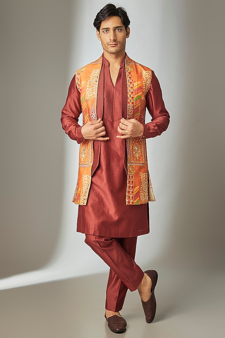 Rust Art Silk Printed & Mirror Work Long Jacket Set by SALIL BHATIA at Pernia's Pop Up Shop