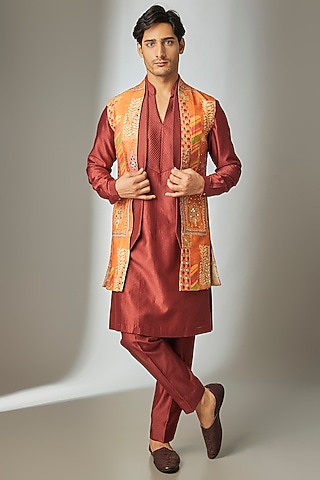 Rust Art Silk Printed & Mirror Work Long Jacket Set by SALIL BHATIA